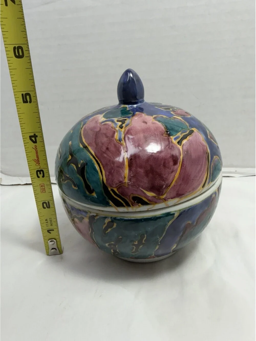 Vintage Hand Painted Studio Pottery Lidded Round Dish Abstract Glaze Ceramic